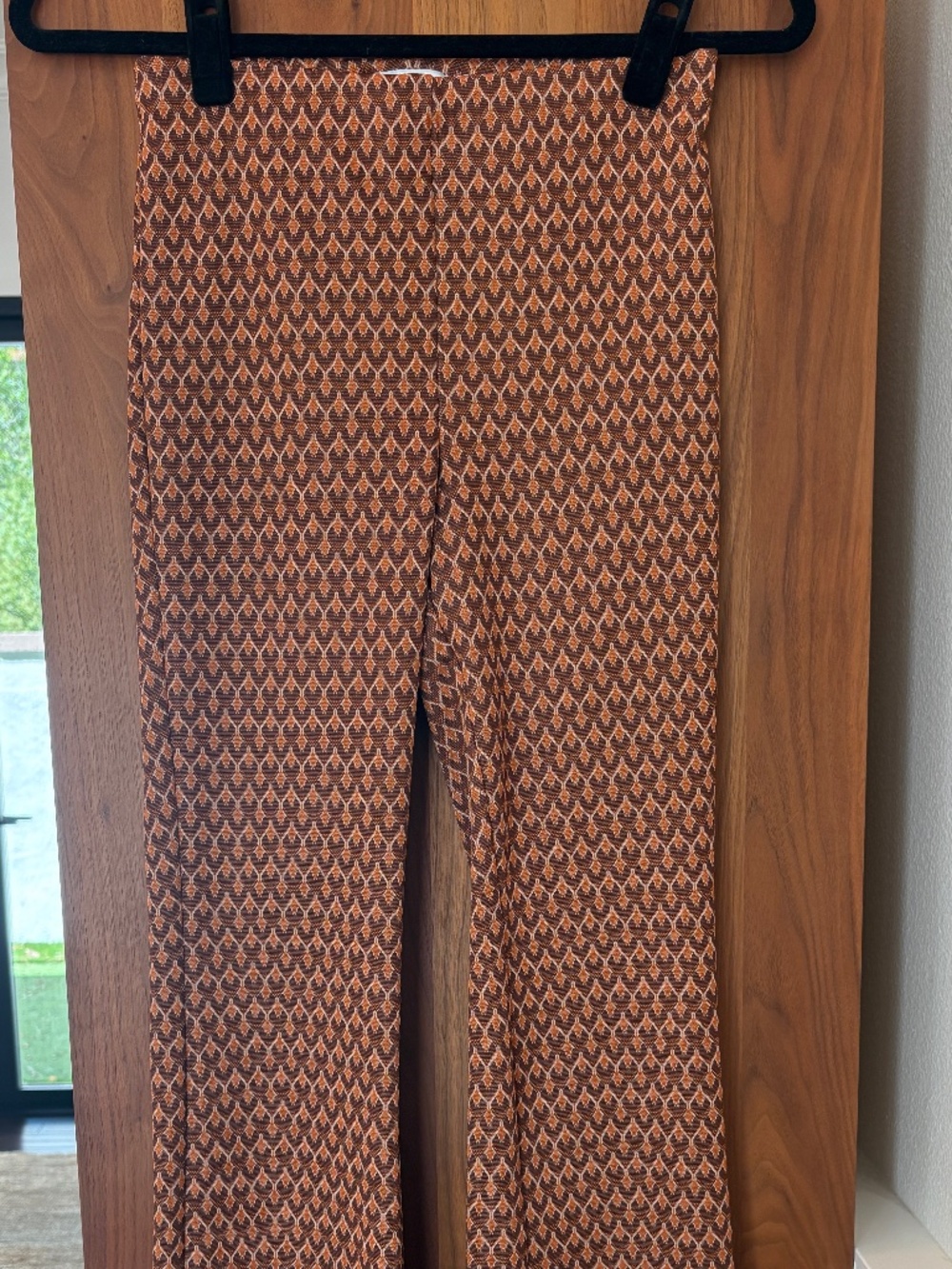 Mango MNG Brown Orange Geometric Print Flare Wide Leg Pants XS Retro 70s